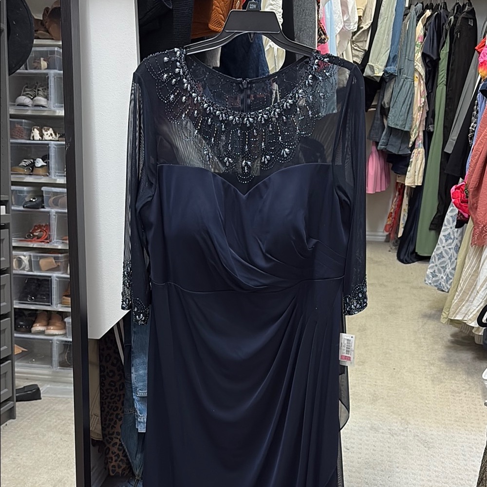 Alex Evenings Navy Beaded Illusion Neckline Gown